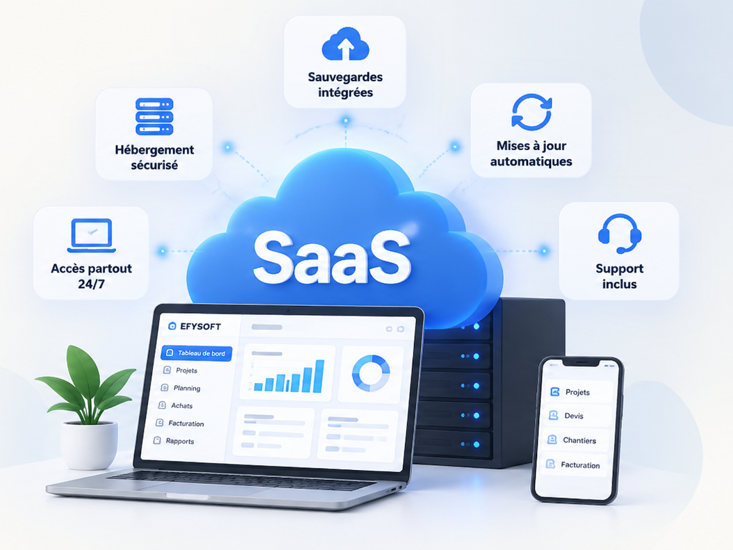 EFYSOFT en mode SaaS : hébergement sécurisé, sauvegardes intégrées, mises à jour automatiques, accès 24/7 et support inclus